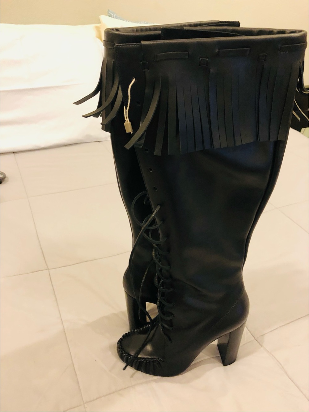 Tom Ford Black Fringe Lace-Up Knee-High Boots